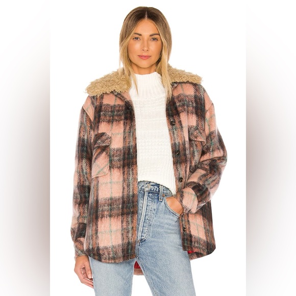 SMYTHE Faux Fur Collar Workwear Jacket in Buff Plaid - Picture 3 of 12